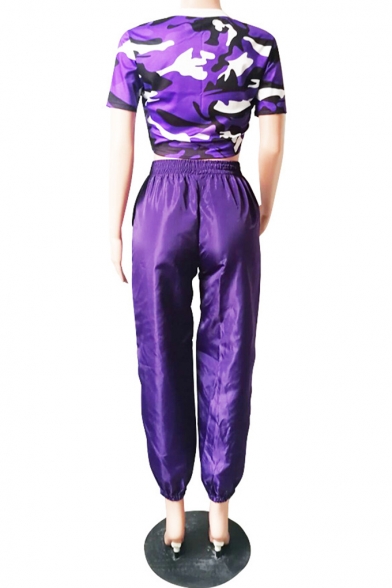 Short Sleeve Camo T Shirt with Elastic Waist Pants Purple Street Style Leisure Co-ords