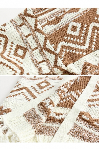 Simple Geo-Tribal Print Tassel Hem Boxy Long Sleeve Cardigan for Women