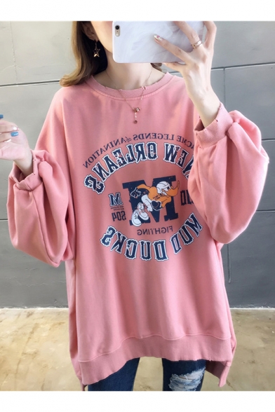 Simple Letter Ballplayer Printed Cut Out Round Neck High Low Long Sleeve Loose Pullover Sweatshirt