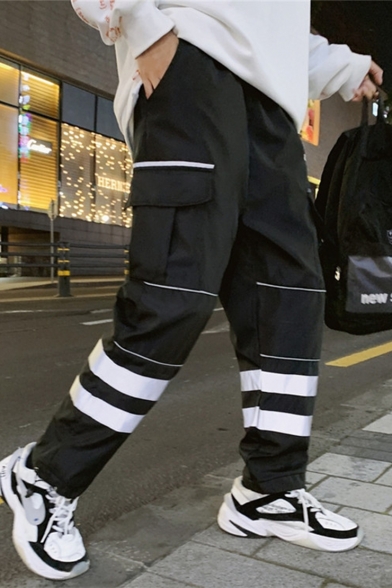 Street Style Popular Colorblock Stripe Patched Letter Pattern Multi-pocket Trendy Cargo Pants