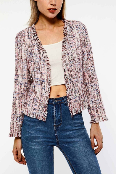Stylish Collarless Open Front Fringe-Trimmed Long Sleeve Pink Cropped Jacket for Women