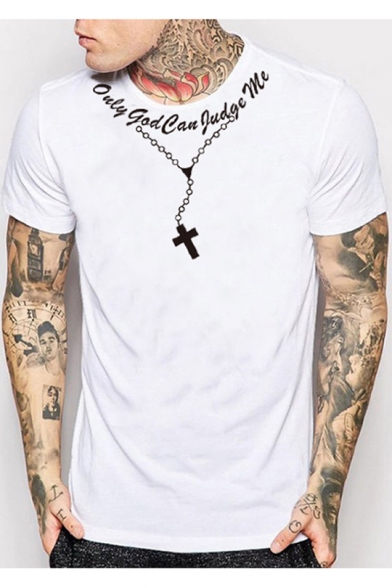 Stylish Mens Short Sleeve Round Neck Letter Cross Chain Printed White Leisure Loose T-Shirt