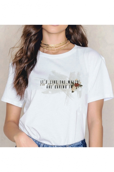Stylish Simple Floral Letter Printed Round Neck Short Sleeve White Tee