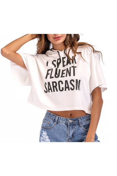 Summer Fashion Letter SARCASM Print Batwing Short Sleeve Cropped Hooded Tee Top
