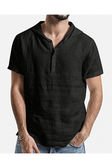 Summer Hot Fashion Plain Rolled Sleeve Button Front Linen Cotton Casual Loose Hooded T Shirt
