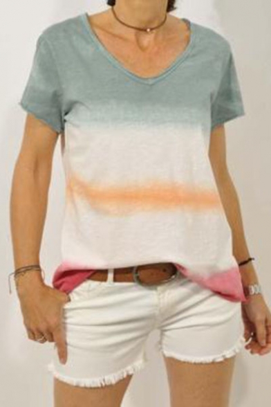 Summer Hot Popular Short Sleeve V Neck Tie Dye Loose Leisure T-Shirt