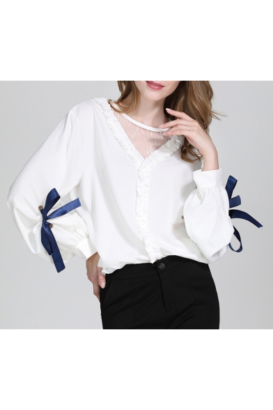 Summer Trendy Bow Blouson Long Sleeve Round Neck Plain Hollow Out Sheer Patched White Shirt