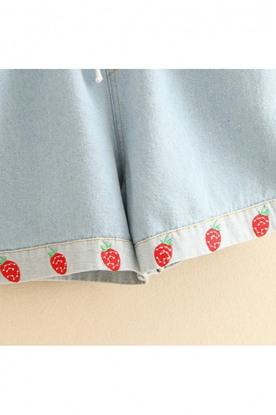 Sweet Cute Womens Drawstring Cord Strawberry Embroidered Hem Strawberry Letter Fashion Loose Denim Shorts