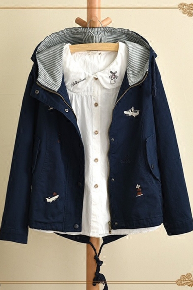 Sweet Girls Cartoon Embroidery Flap Pocket Front Drawstring Hooded Zip Up Coat Jacket