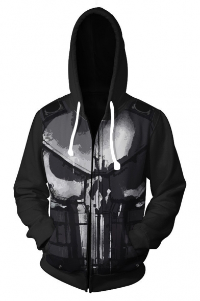 The Punisher Skull Printed Comic Cosplay Costume Long Sleeve Black Zip Up Hoodie