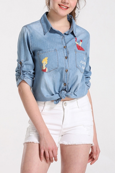 TO ENJOY ALL Letter Cartoon Print Chest Pockets Single Breasted Over Shirt Denim Jacket