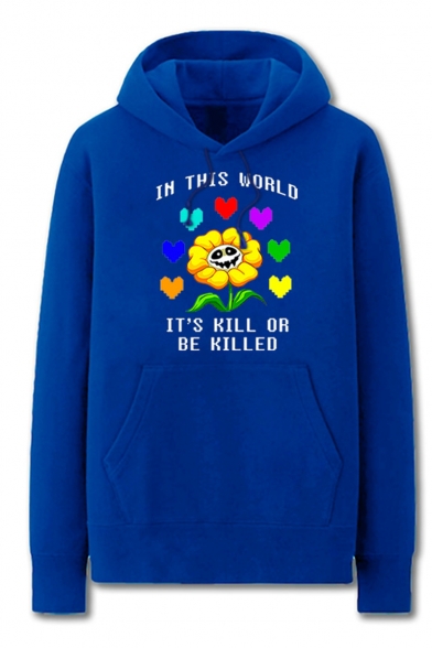 Trendy Game Theme Letter IN THIS WORLD TI'S KILL OR BE KILLED Sunflower Skull Printed Long Sleeve Casual Loose Hoodie