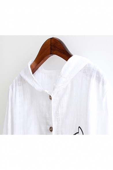 Trendy White Long Sleeve Button Down Cat Fishbone Printed Sunscreen Cotton Linen Cardigan Shirt