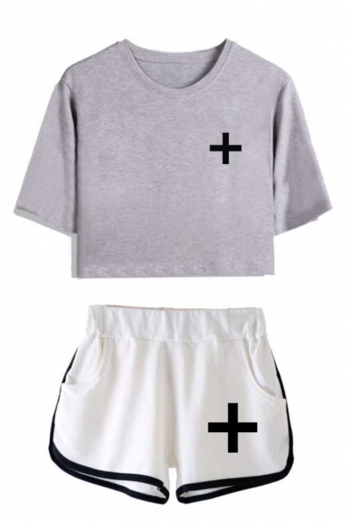 TXT Simple Logo Print Short Sleeve Cropped Tee with Loose Dolphin Shorts Sport Two-Piece Set