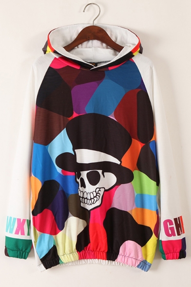 Unique Cool Colorful Skull Pattern Long Sleeve Loose Pullover Hoodie