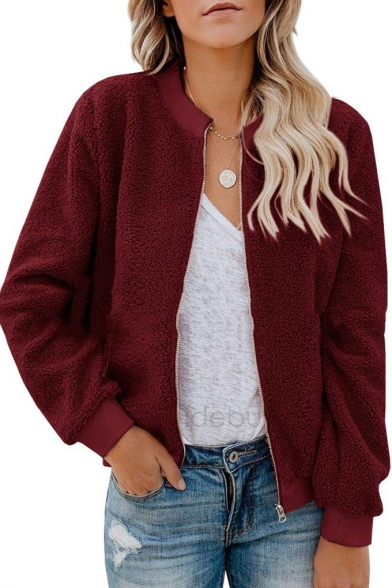 Warm Solid Color Design Stand Collar Long Sleeve Zipper Short Shearling Jacket