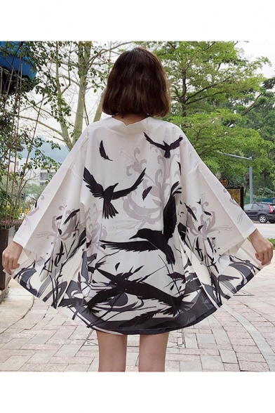 Women's Flying Crane Printed Half Sleeve Open Front Japanese Style Cardigan Kimono Haori Jacket Coat