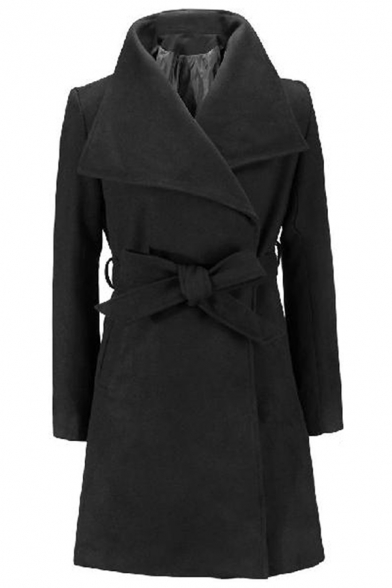 Women Winter Stylish Plain Lapel Collar Tie Waist Longline Woolen Coat