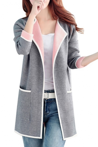 Womens Business Style Chic Plain V Neck Long Sleeve Midi Cardigan with Pockets
