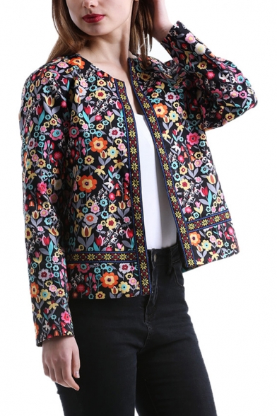 Womens Fancy Floral Printed Collarless Long Sleeve Open Front Fitted Jacket