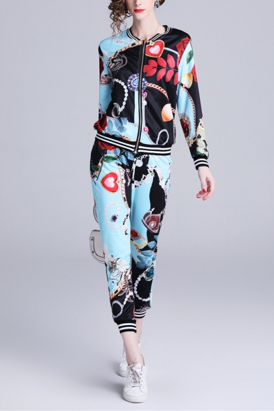 Womens Fashion Blue Printed Zip Jacket with Slim Fitted Pants Two-Piece Set