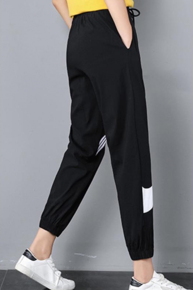 Womens Fashion Drawstring High Waist Black 3-Stripe Elastic Ankle Detail Casual Sweatpants