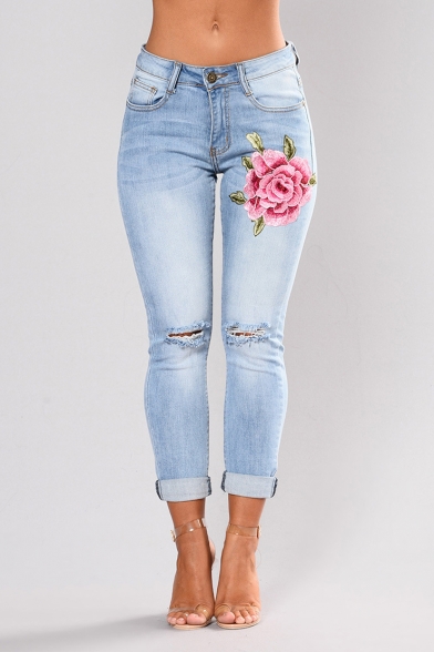 Womens Fashion High Waist Floral Embroidery Print Busted Knees Ankle-Cuff Light Wash Skinny Jeans