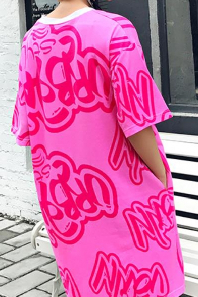 Womens Fashion Round Neck Half Sleeve Letter Cartoon Print Loose Cotton Casual Shift Midi Dress