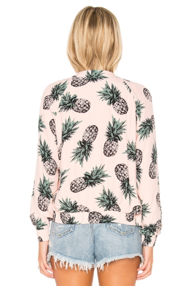 Womens Hot Fashion Pineapple Printed Long Sleeve Zip Up Fitted Jacket