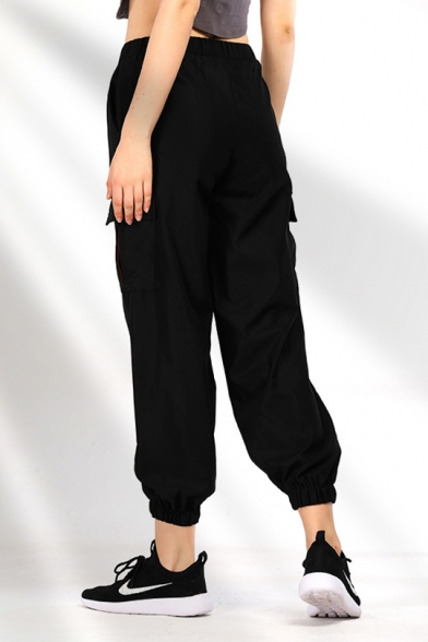 Womens Plain Drawcord Waist Flap Pocket Side Tapered Loose Cargo Pants