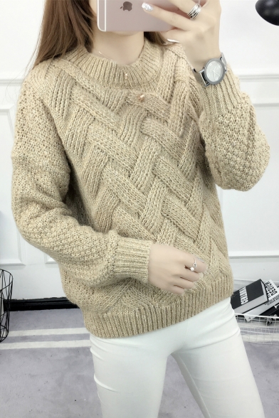 Womens Plain Special Patterns Cable Knit Round Neck Long Sleeve Sweater