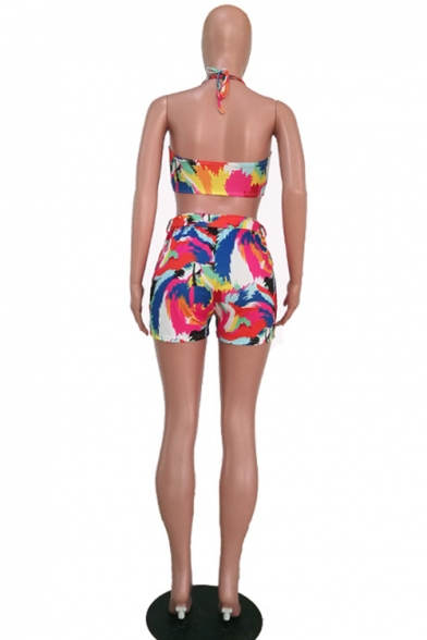 Womens Sexy Summer's Multicolor Print Sleeveless Halter Camisole with Belted Shorts Co-ords