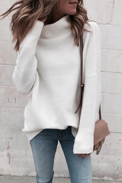 Womens Simple White Plain Half Turtleneck Drop Sleeve Sweater