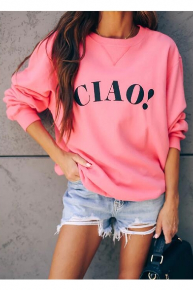 Womens Stylish CIAO Letter Print Long Sleeve Round Neck Pink Pullover Sweatshirt