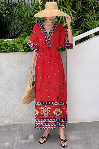 Womens Summer Beach V-Neck Half Sleeve Floral Tribal Print Red A-Line Boho Maxi Dress