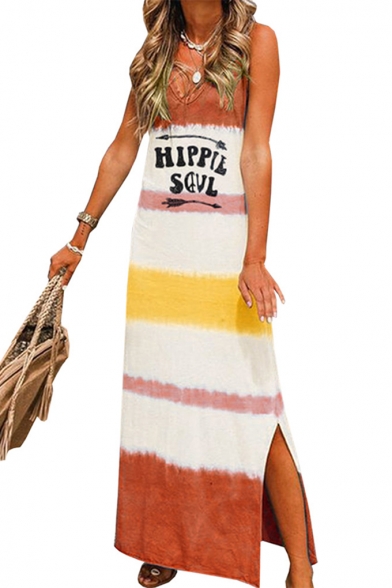 Womens Summer V-Neck Sleeveless Letter HIPPIE SOUL Color Block Slit Sheath Shift Maxi Tank Dress