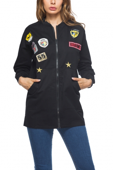 Womens Unique Badge Patched Long Sleeve Zip Up Tunic Fitted Jacket
