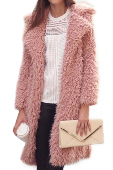 Womens Winter New Stylish Plain Notched Lapel Collar Long Sleeve Faux Fur Longline Coat