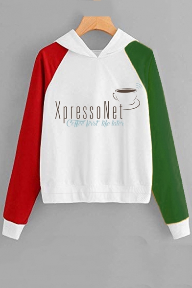 Xpresso Net Letter Coffee Printed Color Block Long Sleeve Hoodie