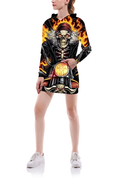 3D Anger Skull Print Long Sleeve Black Long Pullover Hoodie With Pocket