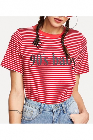 90's Baby Letter Red Striped Round Neck Short Sleeve Fashion Tee
