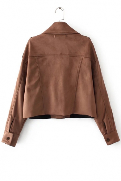 Brown Notched Lapel Collar Flap Pockets Cropped Suede Epaulets Jacket Coat