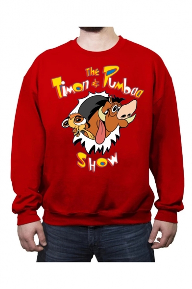 Cartoon Cattle Letter TIMON THE PUMBAA SHOW Printed Long Sleeve Round Neck Casual Pullover Sweatshirts
