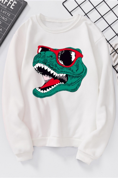 Cartoon Glasses Dinosaur Printed Round Neck Long Sleeves Pullover Sweatshirt