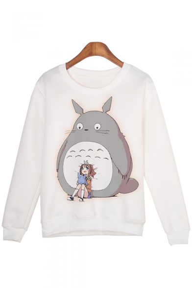 Cartoon Totoro And Girl Print Round Neck Long Sleeve Leisure Pullover Sweatshirt