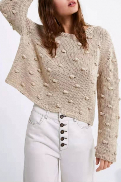Casual Khaki Plain Nep Knitted Round Neck Long Sleeve Sweater for Women