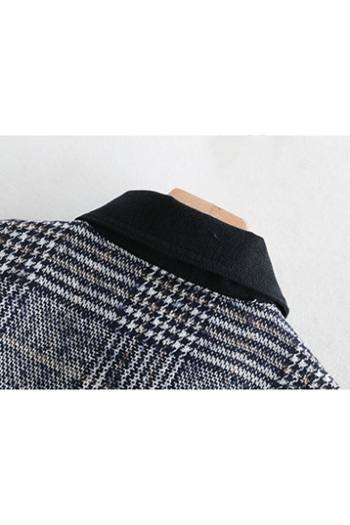 Check Plaid Panel Lapel Collar Chest Pockets Long Sleeve Raw Edges Regular Fit Denim Jean Jacket