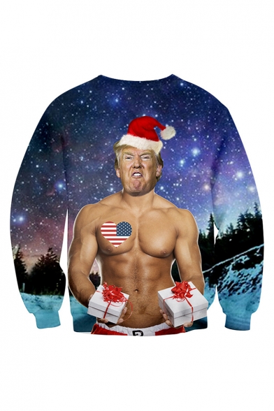 Christmas New Fashion Funny Trump Galaxy 3D Printed Round Neck Long Sleeve Purple Sweatshirts