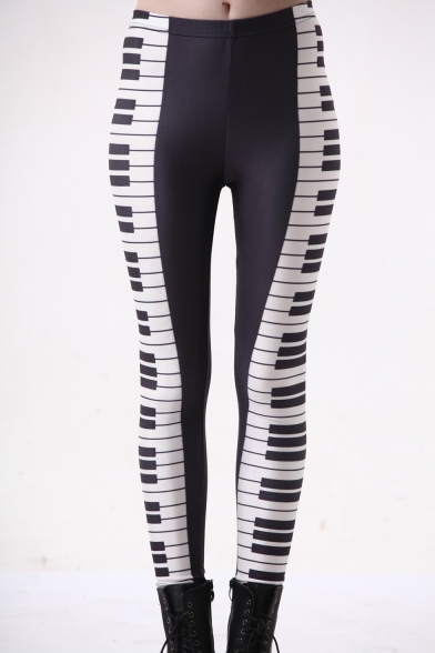 Cool Unique Black and White Piano Printed Milk Silk Fitness Athletic Yoga Leggings