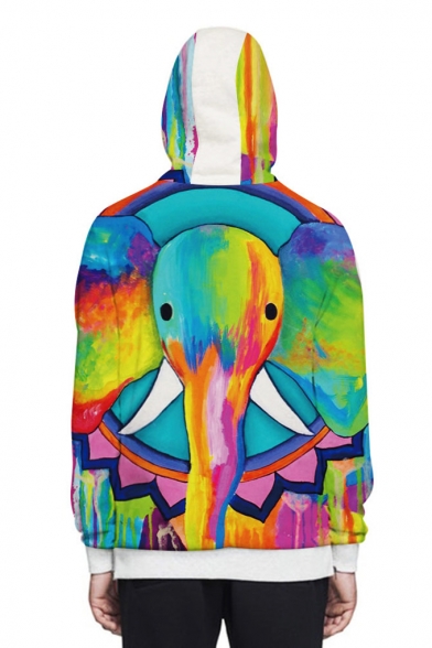 Couple Colorful Elephant Pattern Long Sleeve Zippered Side Pullover Hoodie